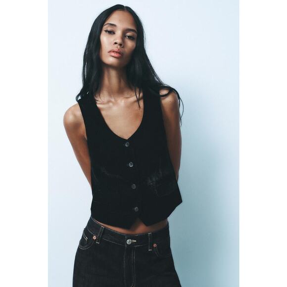 Zara Black Velour Tailored Button Front Vest  Front Flap Details XS - Picture 1 of 13
